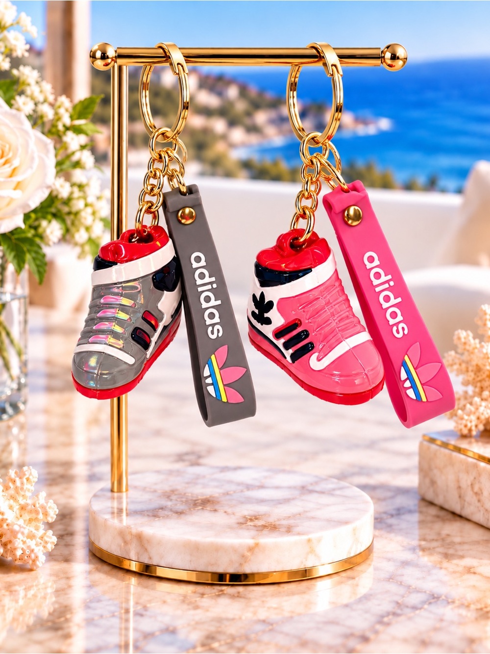 2 Adidas Pink and Gray Shoe Keychain Set